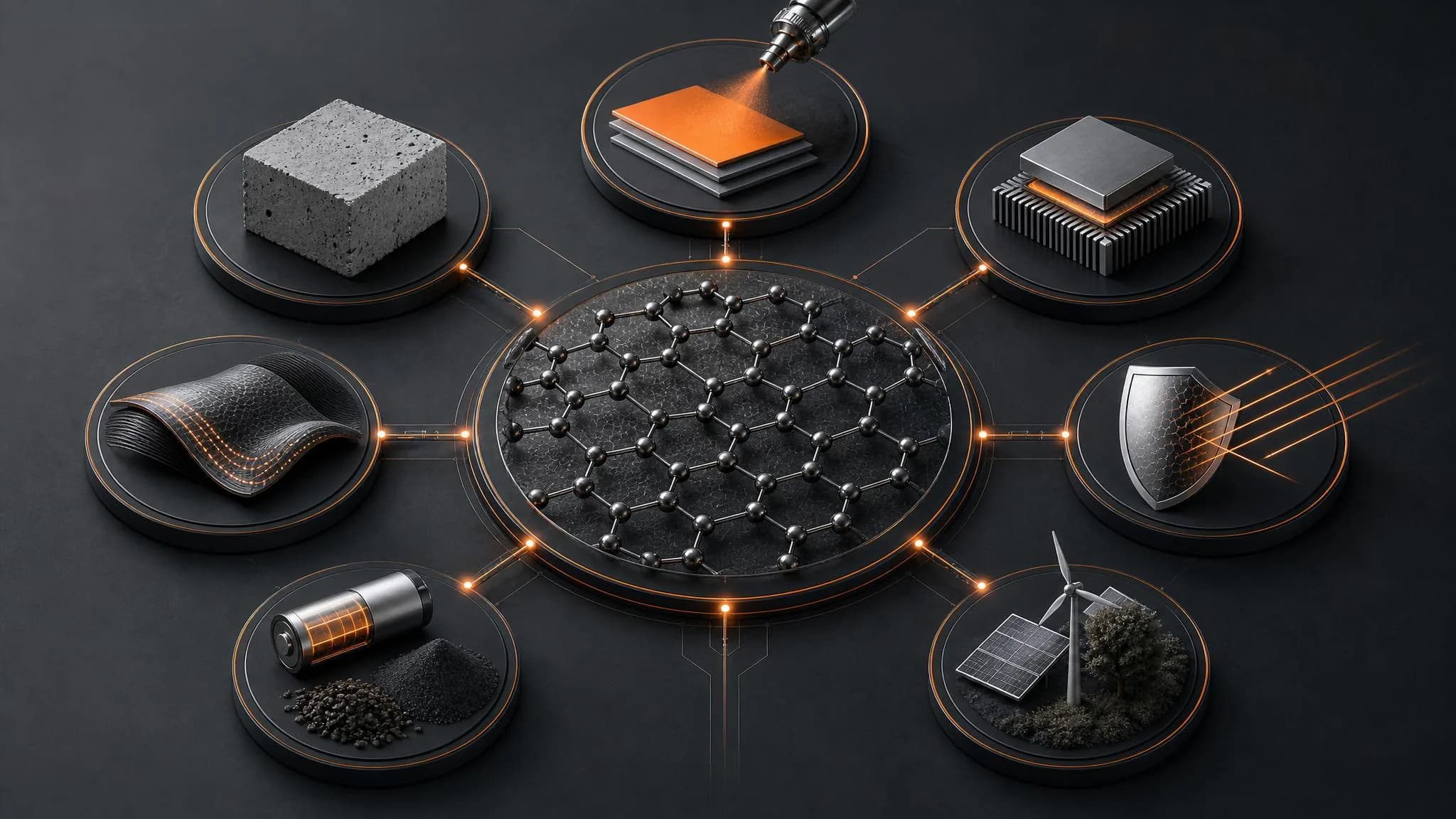 Graphene material network connecting industrial application areas